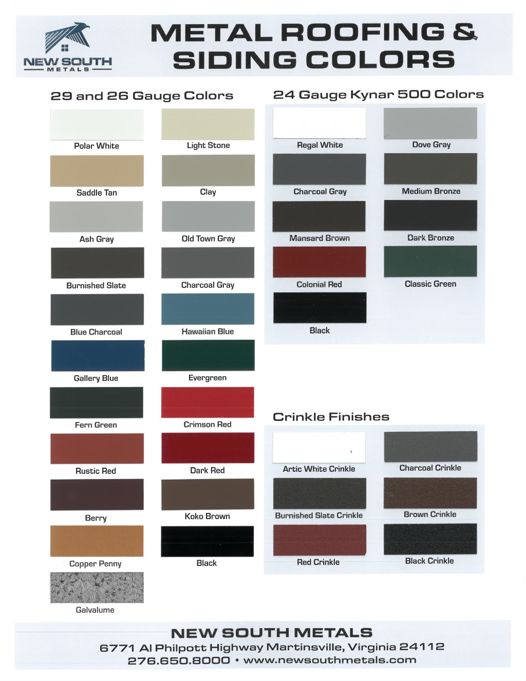 New South Metals color chart